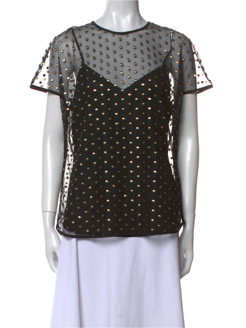 ST. JOHN Couture Blouse Black Gold Polka Dot Print Short Sleeve Crew Neck Silk 4